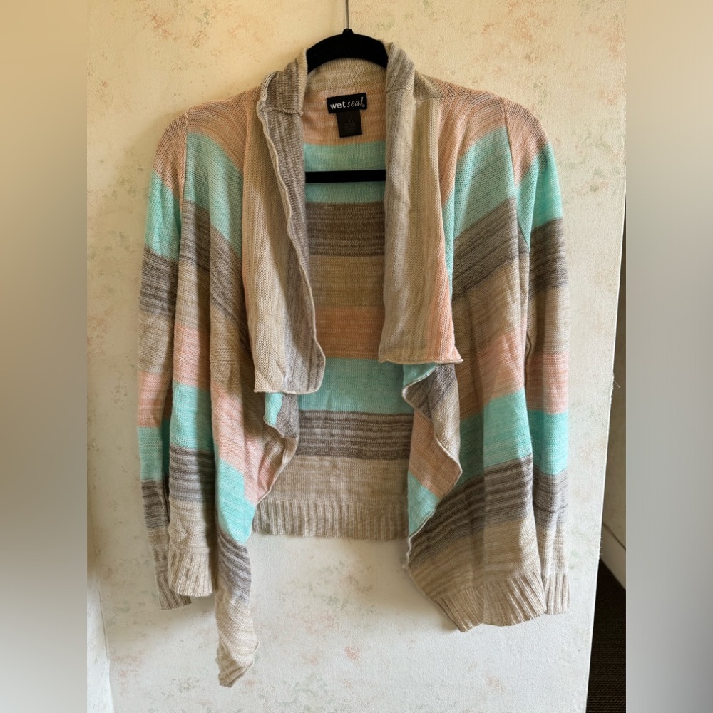 Pink, beige, teal cardigan